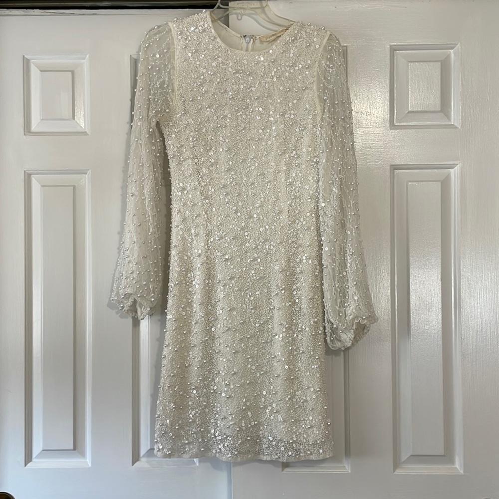 BHLDN sequin/beaded white short dress with long sleeve Perfect for bridal events